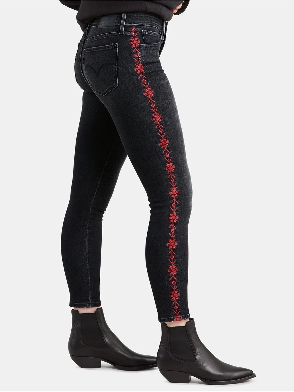 Levi’s 711 skinny ankle 8 w 29 mid rise slim black red embroidered jeans
